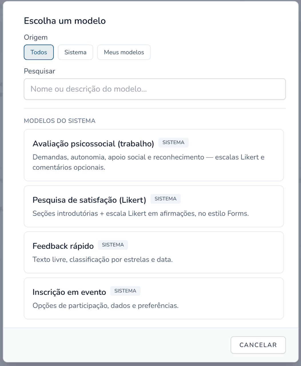 Editor de formulário com perguntas na VonBox