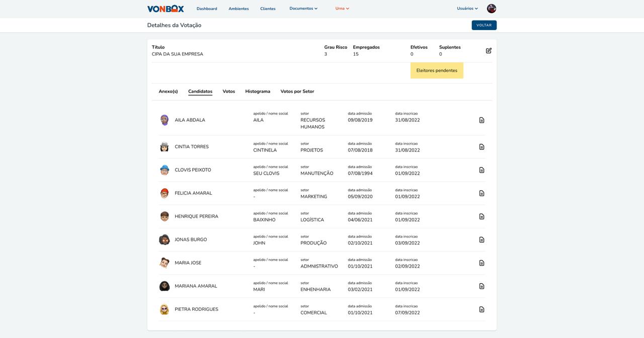 Interface de votação para o eleitor na VonBox